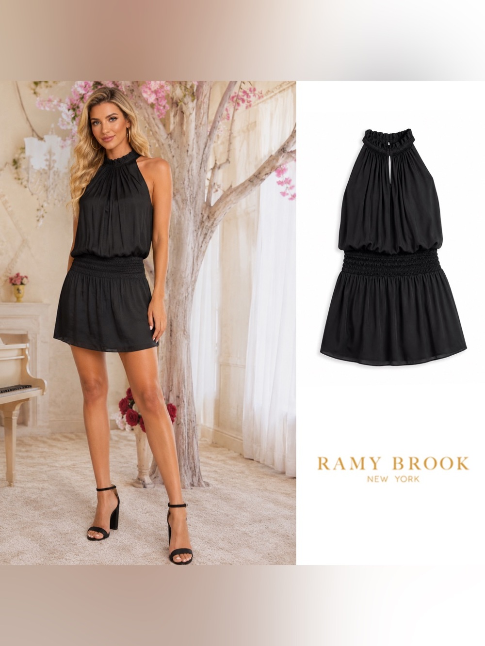 Ramy Brook Black Halter Smocked Waist Mini Dress